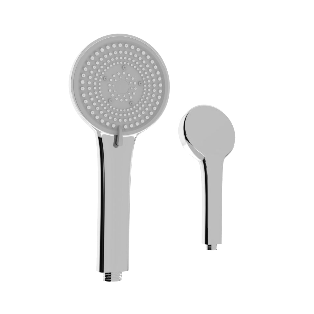 IBEY Baleno 5-Flow hand shower, chrome-look round head, front and rear views