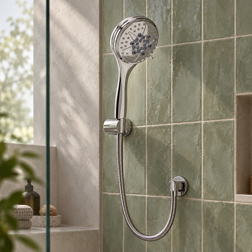 AI-composited lifestyle visual: IBEY Opera hand shower set installed against sage green tile.