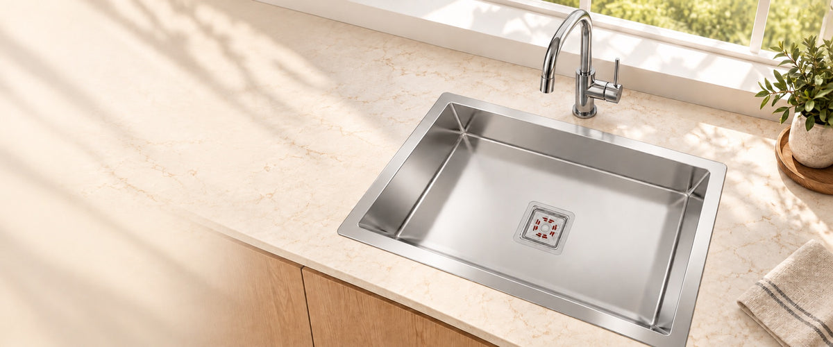 IBEY single deep bowl sink installed in a bright kitchen, complete rim and countertop-mounted faucet visible