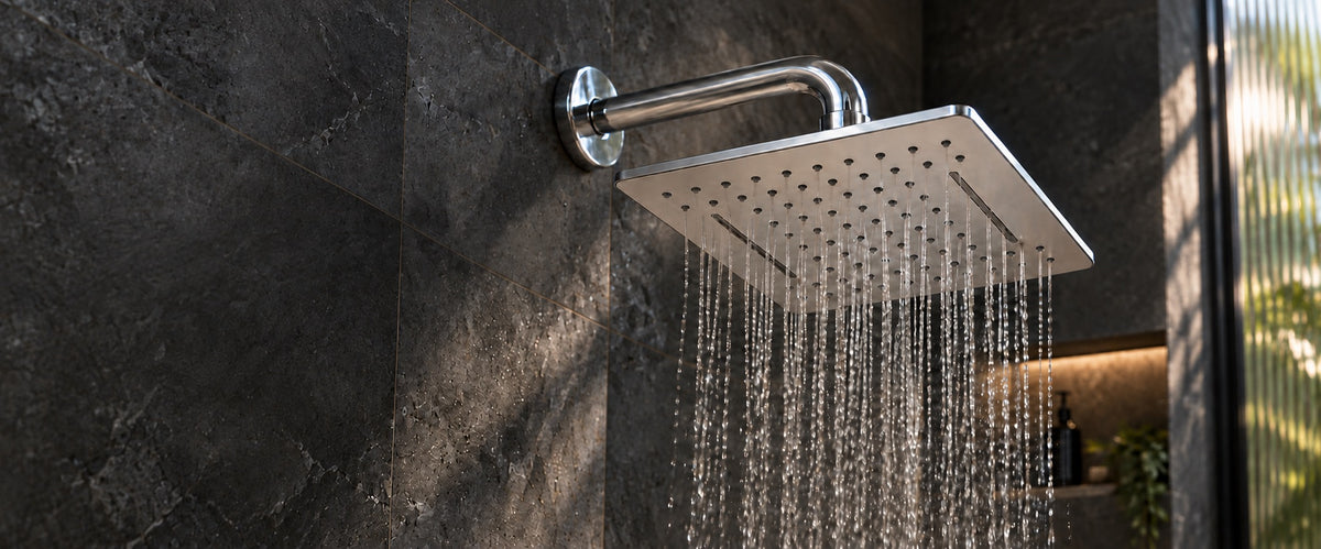 IBEY chrome square rain shower installed in a dark luxury bathroom