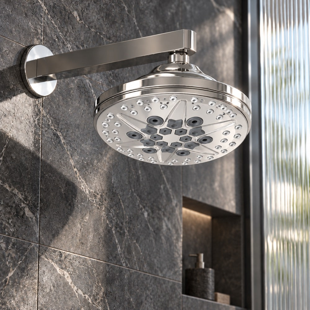 AI-composited lifestyle visual: IBEY Opera 9 Flow ABS overhead shower in a graphite stone bathroom.
