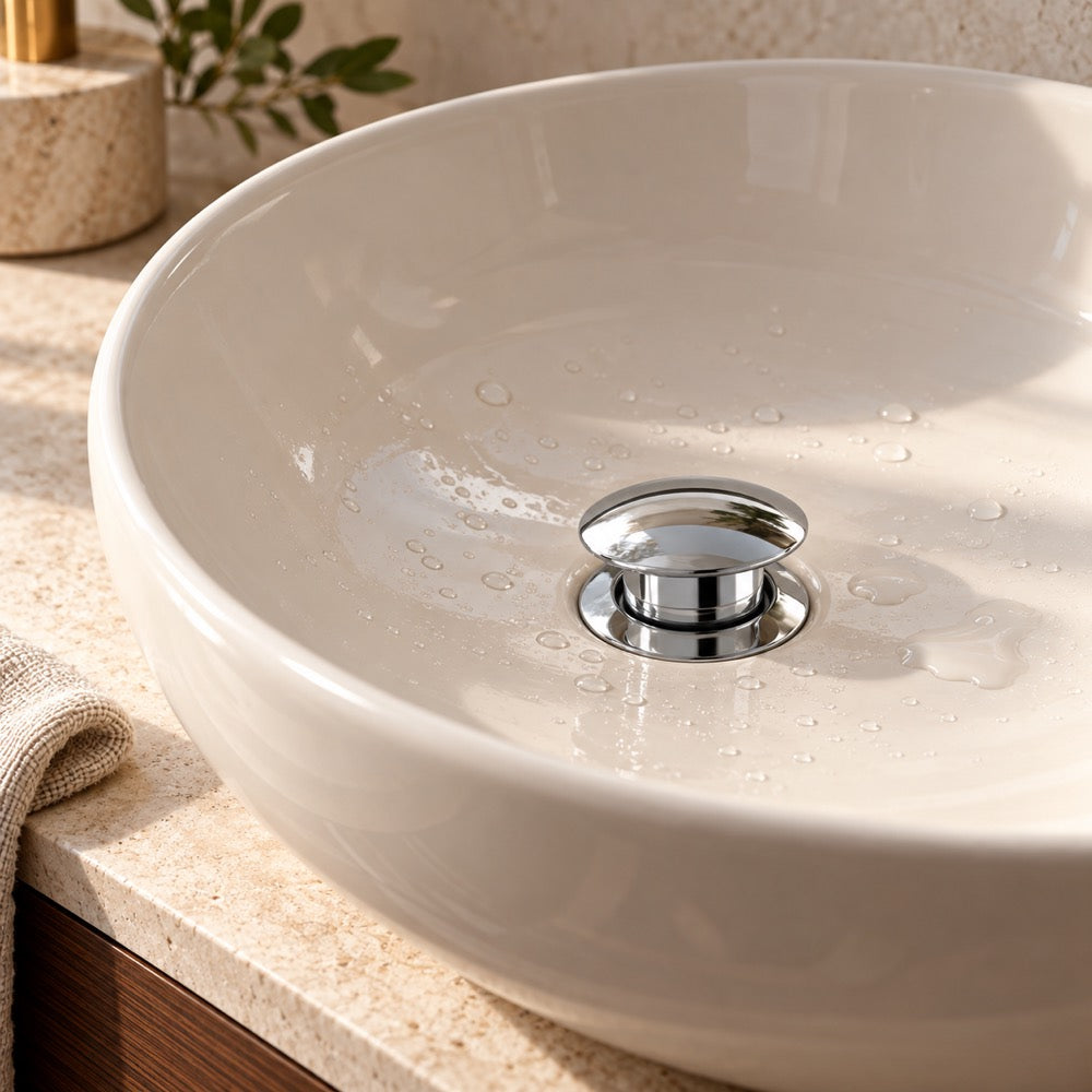 AI-composited lifestyle visual: IBEY pop-up waste coupling installed in an ivory vessel basin.