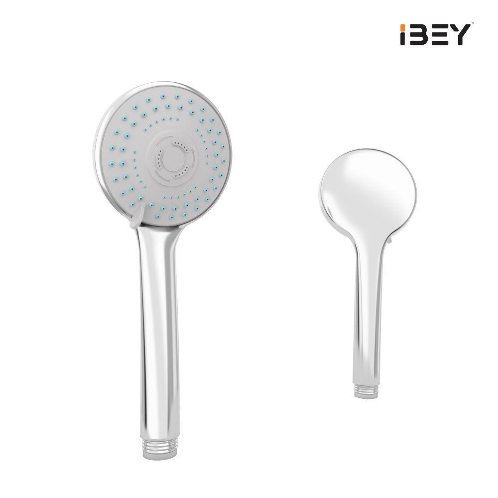 IBEY Aris multi-flow hand shower with blue accented round face, front and rear views