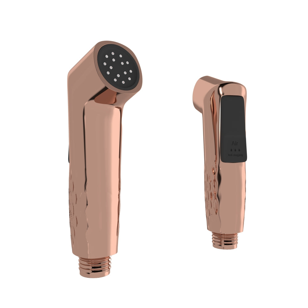 IBEY health faucet set in rose gold finish, front and rear views
