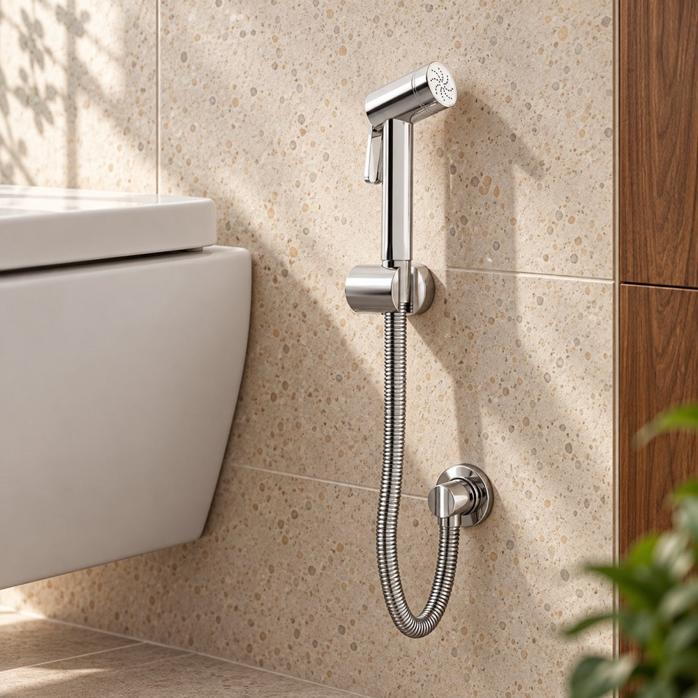 AI-composited lifestyle visual: IBEY Elegance health faucet beside a white toilet and terrazzo wall.
