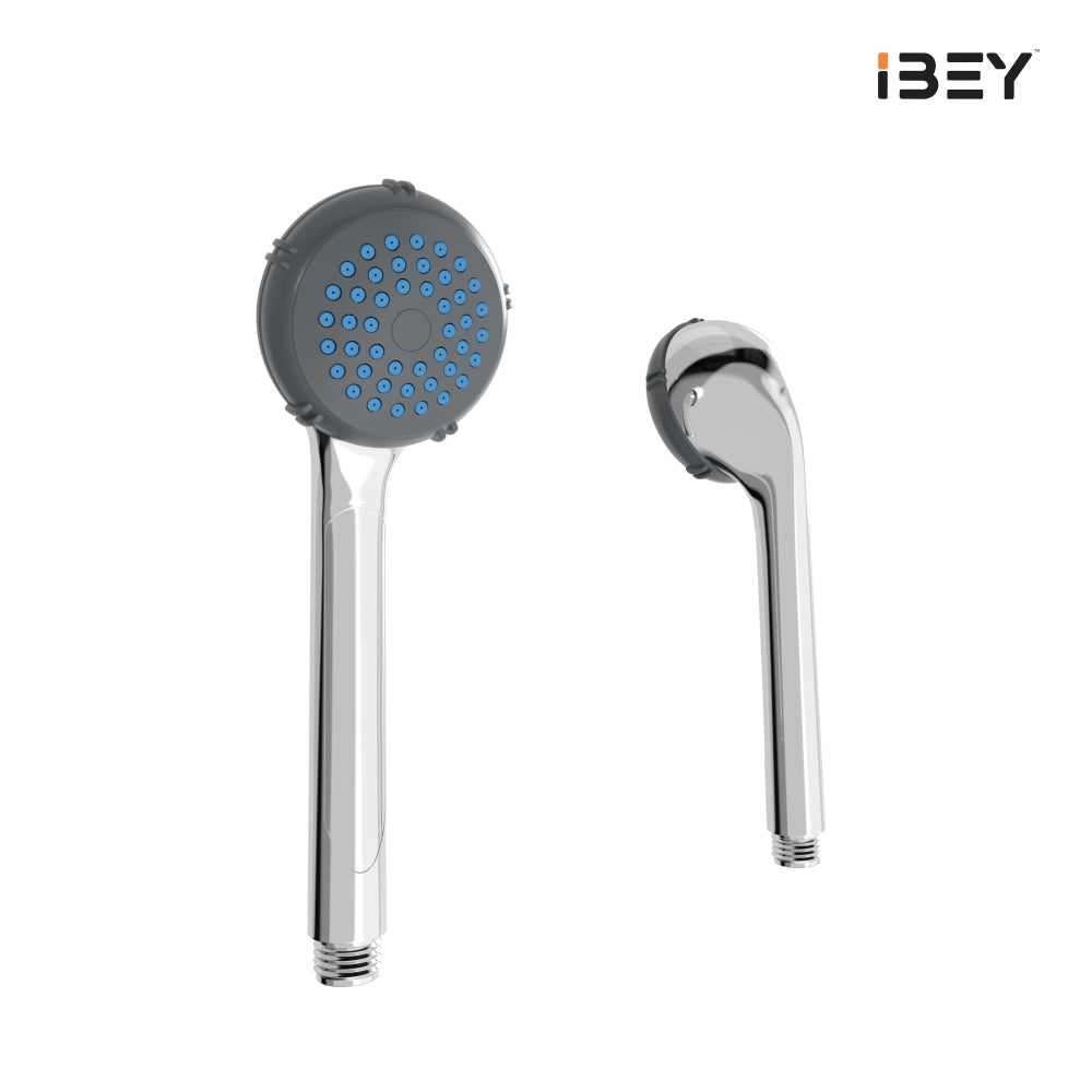 IBEY Marko hand shower with chrome-look body and blue nozzle accents, front and rear views